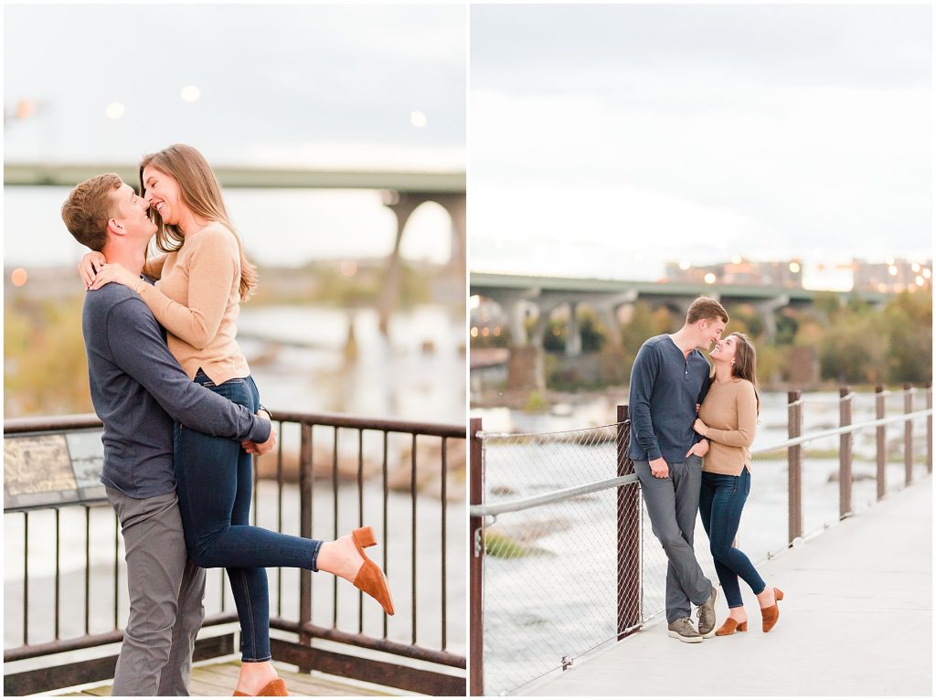 engagement couple on historic t. pottersfield bridge at the james river in Richmond Virginia