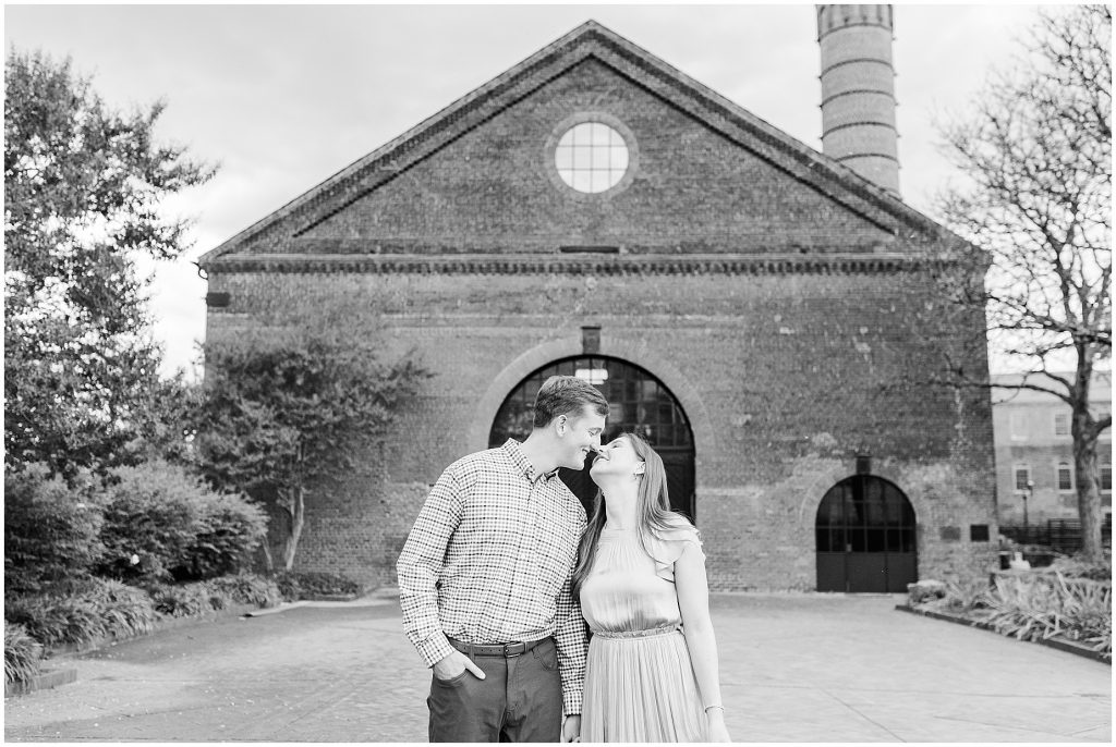 Engagement couple at historic tredegar doors in richmond virginia in black and white