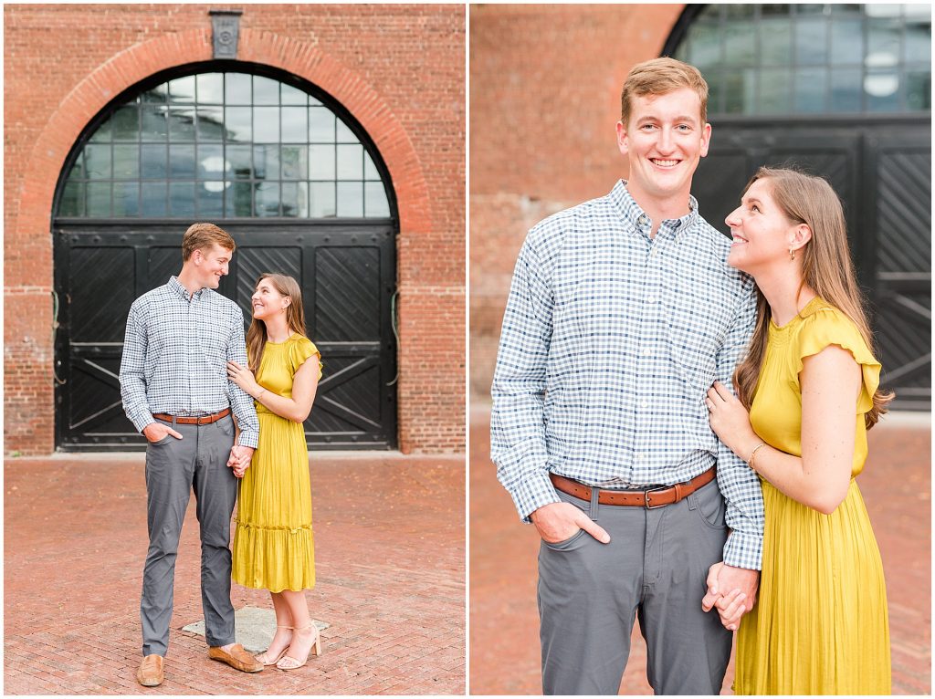 Engagement couple in yellow dress at historic tredegar doors in richmond virginia