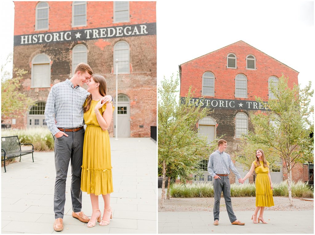 Engagement couple at historic tredegar ironworks entrance in richmond virginia
