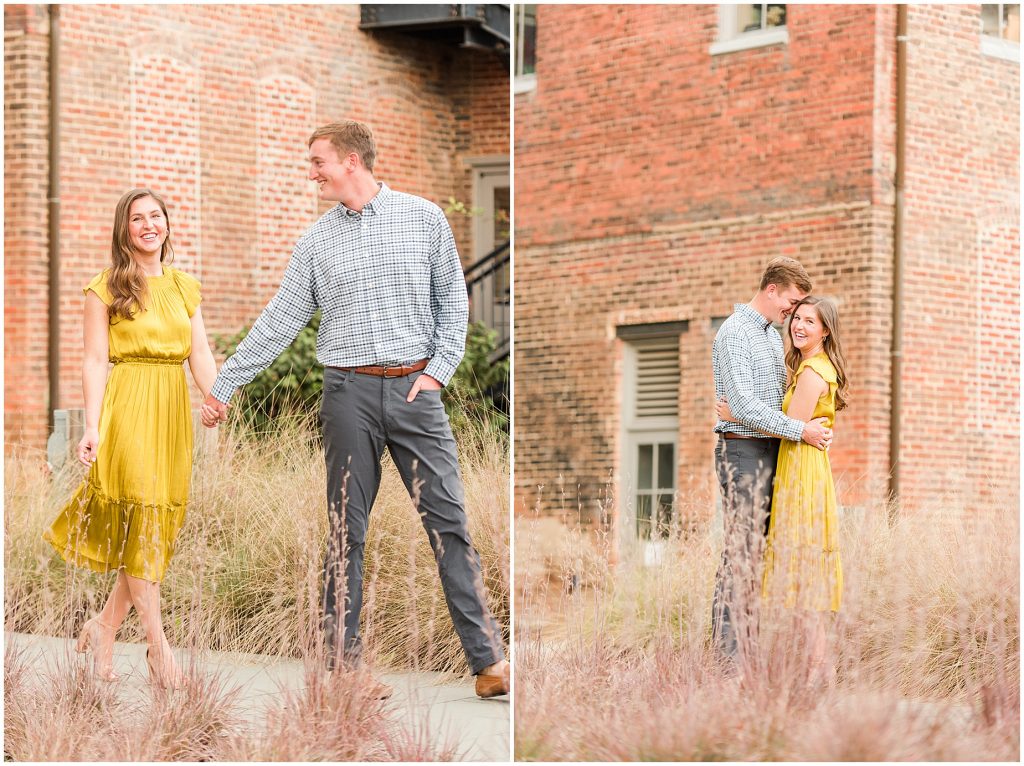 engagement couple in long grass at historic tredegar museum in richmond virginia