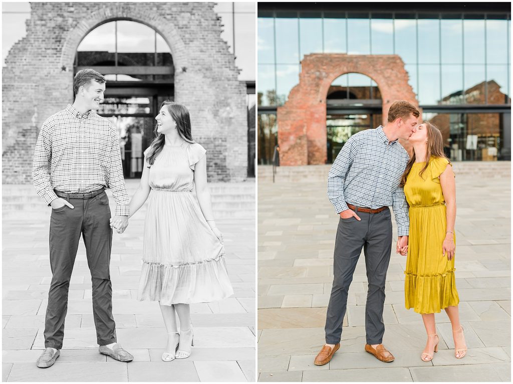 engagement couple in front of brick arch at historic tredegar museum in richmond virginia
